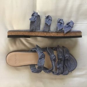 New Anaki Paris strappy blue denim and silver sandals with cork sole 38 7